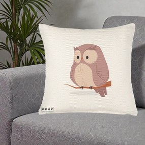 Perna Decorativa Bufnita Kawaii pe Creanga, 40x40 cm, Crem Reliefat, Husa Detasabila, Perna Inclusa, BEKZ®