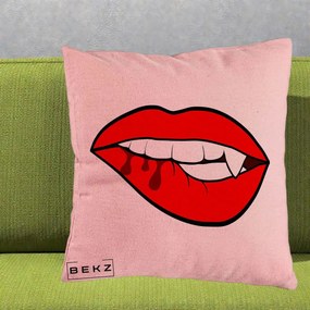 Perna Decorativa Vampire Lips Halloween, 40x40 cm, Roz, Husa Detasabila, Perna Inclusa, BEKZ®