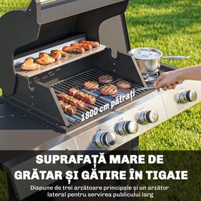 Outsunny Grătar pe Gaz, 3 Arzătoare, Arzător Lateral, Grătare din Fontă, Rafturi Laterale Incluse. | Aosom Romania