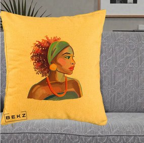 Perna Decorativa Portret Femeie Urbana Acuarela, 40x40 cm, Galben, Husa Detasabila, Perna Inclusa, BEKZ®