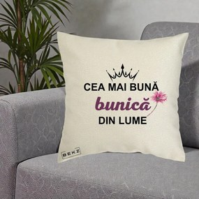Cadou pentru Bunica - Perna Personalizata Cea Mai Buna Bunica Din Lume Coroana Mov Floare Roz, 40x40 cm, Ecru, Husa Detasabila, Perna Inclusa, BEKZ®