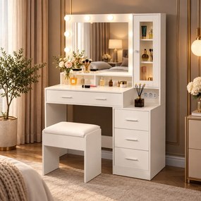 Set EVELINE – Masă de Toaletă pentru Machiaj, Oglindă Becuri LED, Iluminare reglabilă, Dulap lateral cu ușă, 5 sertare, 2 prize + 2 USB, Scaun, Alb