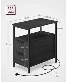 Masă laterală ROD, neagră, cu prize și porturi USB încorporate