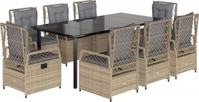 vidaXL Set de masă pentru grădină, 9 piese, cu perne, bej, poliratan