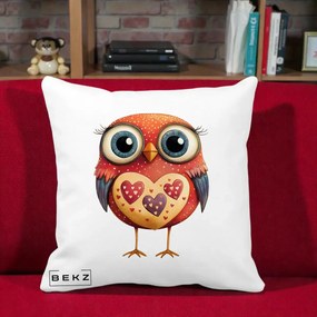 Perna Decorativa Bufnita Rosie cu Inimi Aurii, 40x40 cm, Alba Mata, Husa Detasabila, Perna Inclusa, BEKZ®