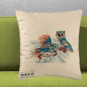 Perna Decorativa Bufnite de Iarna Albastre, 40x40 cm, Bej, Husa Detasabila, Perna Inclusa, BEKZ®