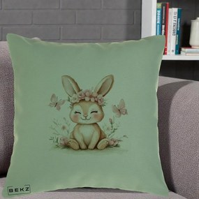 Perna Decorativa Iepuras cu Coronita Florala Roz, 40x40 cm, Verde, Husa Detasabila, Perna Inclusa, BEKZ®