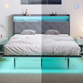 HOMCOM Cadru de pat 140 x 190 cm cu somieră din oțel, pat dublu plutitor cu lumini LED RGB și stație de încărcare, gri | Aosom Romania
