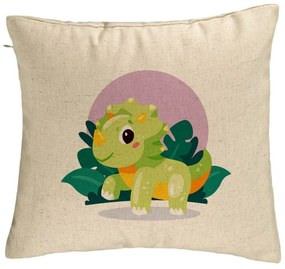 Perna Decorativa, Model Baby Dinozaur Verde cu Peisaj, 40x40 cm, Bej, Husa Detasabila, Burduf