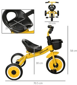 AIYAPLAY Tricicletă pentru Copii 2-5 Ani cu Scaun Reglabil și Coș Galben | Aosom Romania