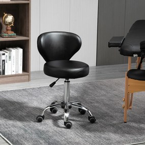HOMCOM Taburet cu roți taburet de masaj - taburet de lucru pivotant la 360 ° - înălțime ajustabilă 49-64H cm, spătar ergonomic - metal cromat acoperit cu material sintetic negru | Aosom Romania