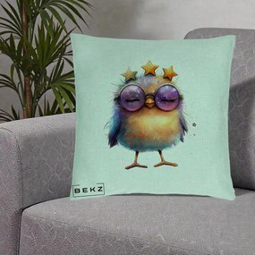 Perna Decorativa Pui Pop Star cu Ochelari Stele Violet, 40x40 cm, Verde Menta, Husa Detasabila, Perna Inclusa, BEKZ®