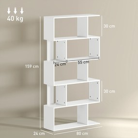 HOMCOM Bibliotecă Asimetrică în Formă de S cu 5 Niveluri și 10 Rafturi Deschise, 80x24x159 cm, Alb | Aosom Romania
