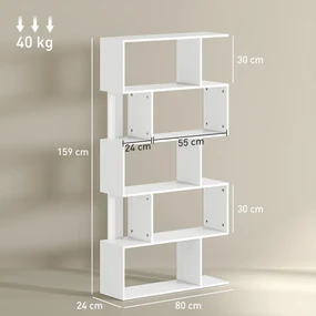 HOMCOM Bibliotecă Asimetrică în Formă de S cu 5 Niveluri și 10 Rafturi Deschise, 80x24x159 cm, Alb | Aosom Romania