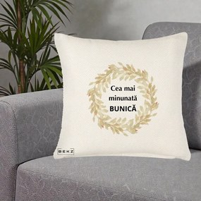 Cadou pentru Bunica - Perna Personalizata Cea Mai Minunata Bunica Coronita Frunze Acuarela, 40x40 cm, Crem Reliefat, Husa Detasabila, Perna Inclusa, BEKZ®