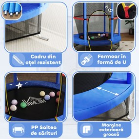 HOMCOM Saltea Elastică pentru Copii 3-6 Ani cu Plasă de Protecție, 6 Stâlpi și 3 Intrări, Ø140x190 cm, Albastru | Aosom Romania