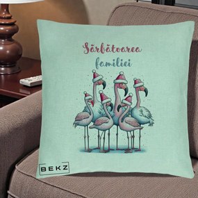 Perna Decorativa Flamingo Craciun Sarbatoarea Familiei, 40x40 cm, Verde Menta, Husa Detasabila, Perna Inclusa, BEKZ®