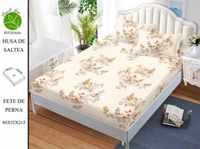 Husa de pat cu elastic 180x200 din Bumbac Finet + 2 Fete de Perna - Crem Floral