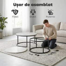 HOMCOM Set 2 Masute de Cafea care se Suprapun, Masute pentru Salon Rotunde din Metal si MDF Efect Marmura, Gri si Negru