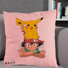 Perna Personalizata Ash si Pikachu, 40x40 cm, Roz, Husa Detasabila, Perna Inclusa, BEKZ®