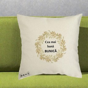 Cadou pentru Bunica - Perna Personalizata Cea Mai Buna Bunica Coronita Frunze Acuarela, 40x40 cm, Ecru, Husa Detasabila, Perna Inclusa, BEKZ®