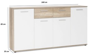 Comoda cu 2 sertare, 4 usi, 160x85x35 cm, stejar sonoma alb, pentru dormitor, living, hol sau birou, Bortis Impex