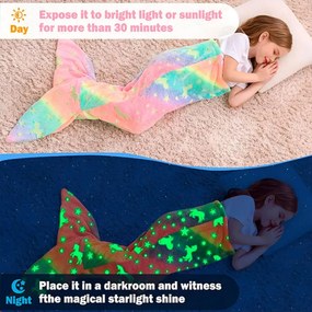 Patura unicorn pentru copii forma coada de sirena Mermaidream, 100x43 cm, Lumineaza in intuneric, Lana, Multicolor