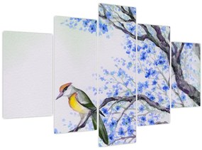 Tablou - Pasăre pe un copac cu flori albastre (150x105 cm)