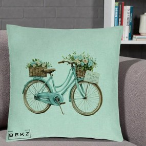 Perna Decorativa Bicicleta Teal cu Cosuri Duble de Flori Vintage, 40x40 cm, Verde Menta, Husa Detasabila, Perna Inclusa, BEKZ®