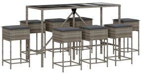 3261475 vidaXL Set mobilier bar de grădină, cu perne, 9 piese, gri, poliratan