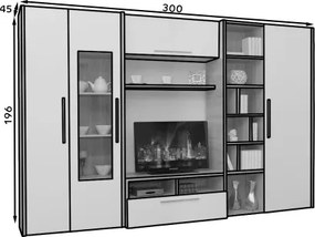 Mobilier living SMERA – 300x45x196 cm – Alb lucios / Sonoma