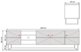 Comodă TV Asha 200 cm cu riflaj, nișă și cadru metalic – stejar artisan / negru mat