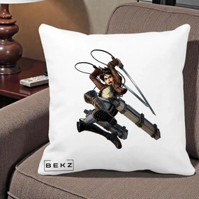 Perna Personalizata Attack on Titan Eren Yeager Lupta, 40x40 cm, Alba Mata, Husa Detasabila, Perna Inclusa, BEKZ®