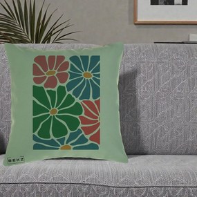 Perna Decorativa Flori Grafice Verde-Roz-Albastru, 40x40 cm, Verde, Husa Detasabila, Perna Inclusa, BEKZ®