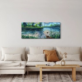 Tablou- Pictură în ulei, seară de vară lângă lac (120x50 cm)