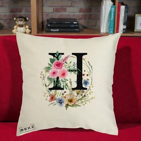 Cadou Personalizat - Perna Personalizata Monogram Litera H cu Flori Acuarela, 40x40 cm, Ecru, Husa Detasabila, Perna Inclusa, BEKZ®