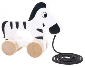 Jucarie educativa de tras din lemn masiv NOVOKIDS™ My first Tiny Zebra, Cu roti, Motricitate , Cu sfoara de tractare, Materiale Eco, Alb cu Negru