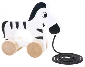 Jucarie educativa de tras din lemn masiv NOVOKIDS™ My first Tiny Zebra, Cu roti, Motricitate , Cu sfoara de tractare, Materiale Eco, Alb cu Negru