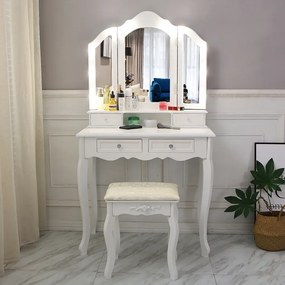 RESIGILAT- Set Anelise, Masă de toaletă cu 3 oglinzi iluminate LED, control touch, 4 sertare, scaun, Alb