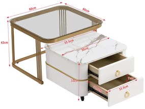 Set de Măsuțe de Cafea Suprapozabile din Marmură Lucioasă și Sticlă, cu Detalii Aurii și Sertare, 60x60x42 cm + 50x50x34 cm, Alb