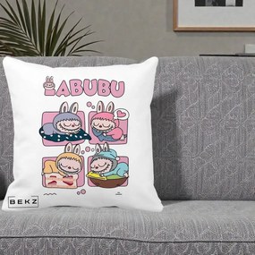 Perna Personalizata Labubu Sleeping Quad Grid, 40x40 cm, Alba Mata, Husa Detasabila, Perna Inclusa, BEKZ®