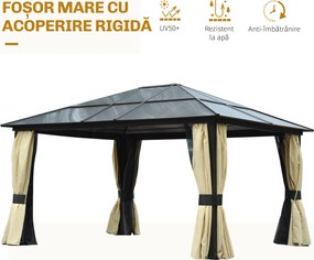 Outsunny Pavilion de grădină Hardtop 4.2 x 3.6 m, Draperii cu plasă împotriva insectelor, Structură din aluminiu, Maro+Crem | Aosom Romania