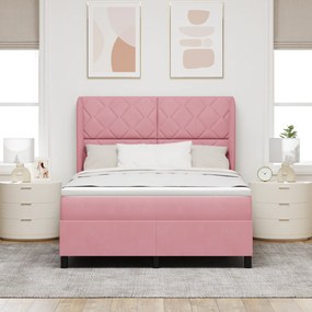 vidaXL Pat cu saltea cu arcuri roz 140 x 190 cm, din catifea.