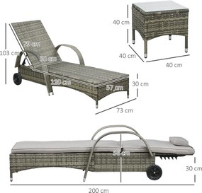 Outsunny Set de 2 șezlonguri mari confortabile : saltea, tetieră, spătar reglabil pe multiple poziții, cotiere, roți + măsuță joasă cu blat din sticlă securizată și rășină împletită gri | Aosom Romania