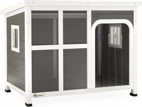PawHut Căsuță pentru Câini cu Ferestre Laterale, Bază Detașabilă și Acoperiș Rabatabil, 90x62x71 cm, Gri Deschis | Aosom Romania