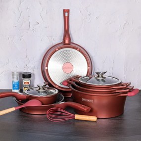 Set 14 piese oale și tigăi marmorate Royalty Line ES 2014M, antiaderente, cu capace și mânere detașabile, compatibile inducție, roșu burgundy