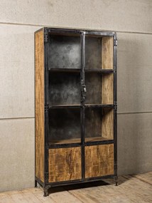 Vitrina din lemn de mango, metal si sticla, cu 2 usi, stil industrial, Revol