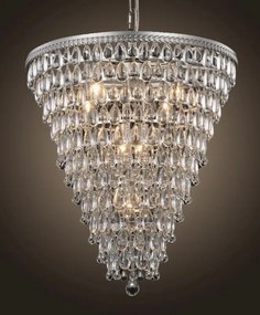 Candelabru din metal și sticlă, argintiu, în formă de con, cu pandantive picătură și lanț reglabil, finisaj patinat, 65 x 61 cm, „Kensington”