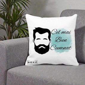 Cadou pentru Cumnat - Perna Personalizata Cel mai Bun Cumnat cu Portret Barbat si Pete Teal, 40x40 cm, Alba Mata, Husa Detasabila, Perna Inclusa, BEKZ®
