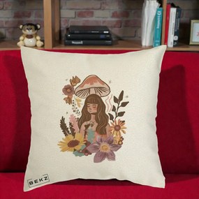 Perna Decorativa Fata Ciuperca Boho Florala, 40x40 cm, Ecru, Husa Detasabila, Perna Inclusa, BEKZ®